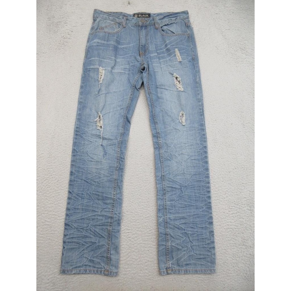 CJ Black Y2K Distressed Jeans Mens 32x32 Light Wash Slim Straight Whiskered